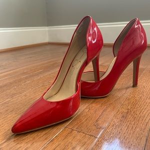 Red patent leather pumps